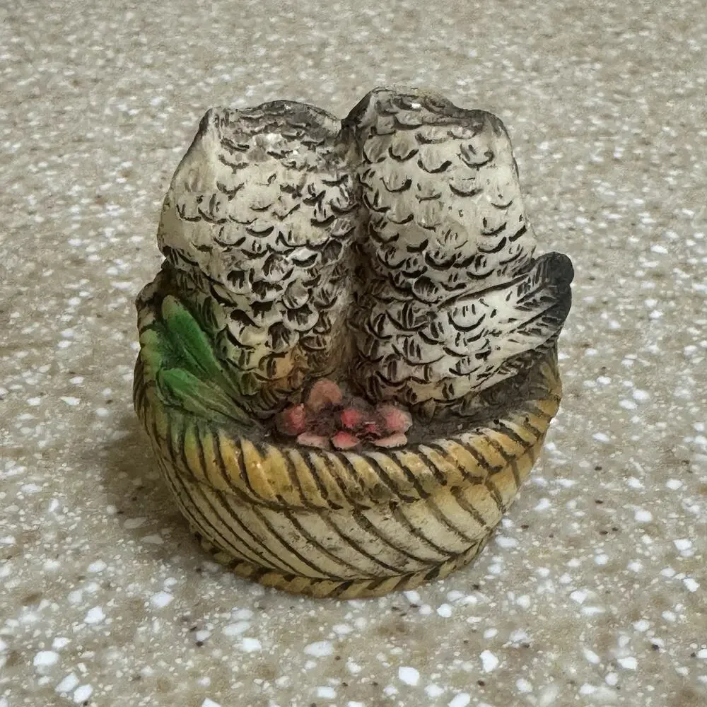 Vintage Mini Owlets Figurine Basket Owl Chicks Birds Cottagecore Handpainted
